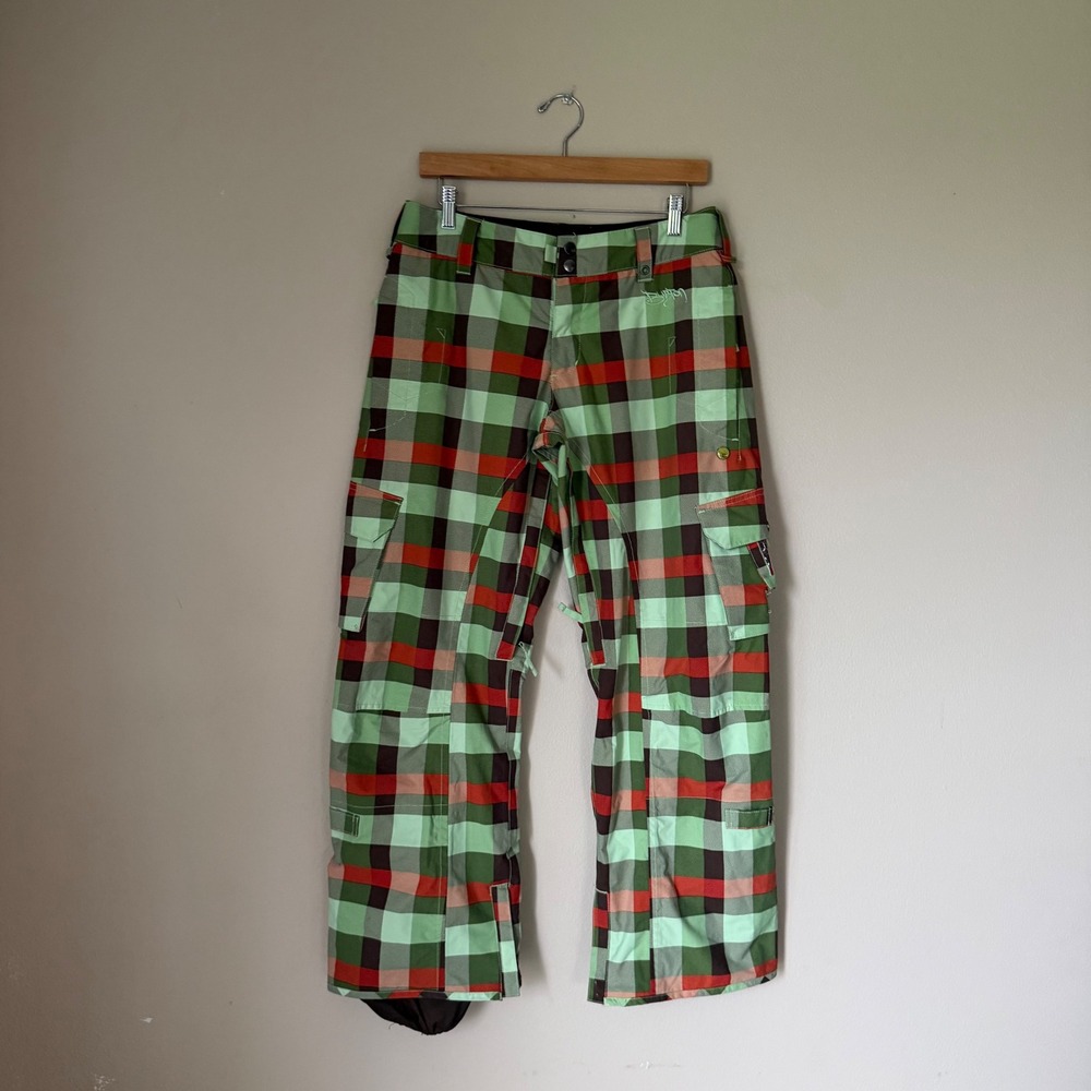 Burton Stow Cargo Snowboard Green and Orange Gingham Snow Pants Size Small